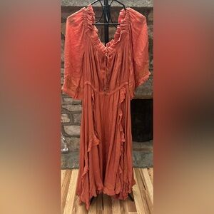 (NWT) Free People Orange Boho Midi Dress Flowy Peasant Festival Dress Medium